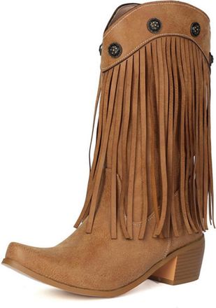 Generic Womens Pointed Toe PU Leather Mid-Calf Boots Pull on Tassel Long Boots Block Heel Western Cowboy Boot,Yellow,2.5 UK