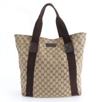 Gucci Beige Brown Leather Canvas Shoulder Bag Tote Bag (Pre-Owned)