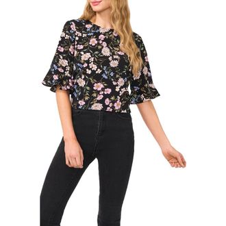 CeCe by Cynthia Steffe Floral Ruffle Cuff Top in Rich Black at Nordstrom, Size X-Small