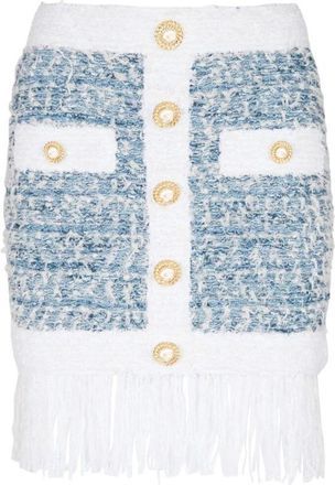 Balmain Powder Blue Tweed Rok met Franje Detail - Dames - Korte rokken - Blauw - XS - Tweed - Rokken