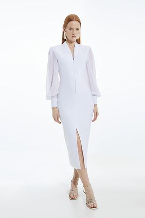 Karen Millen Womens Bandage Figure Form Zip Detail Chiffon Sleeve Knit Dress - White - Size X-Small