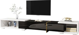 STILVORA Mueble Tv Extensible 140-260 Cm Giratorio, Con 2 Huecos, Estilo Moderno, Negro Brillo Mate, Efecto M&aacute;rmol Blanco, Mdf