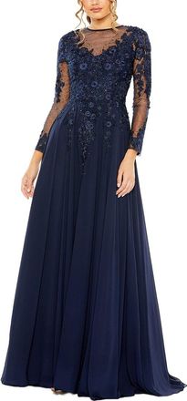 Mac Duggal High Neck Mesh Long Sleeve Embellished A Line Gown