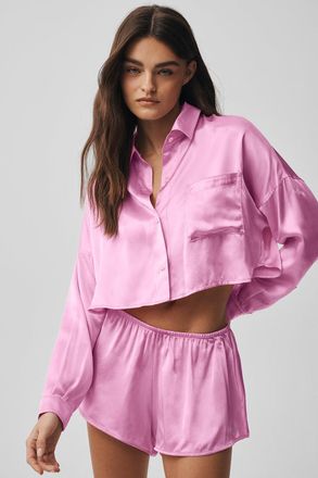 Alo | Silk Luminous Cropped Button Down Long Sleeve Underwear in Candy Heart Pink, Size: Medium
