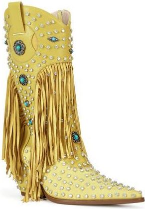 Azalea Wang Greyson Fringe & Stud Cowboy Boot in Yellow at Nordstrom Rack, Size 6.5