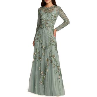 Mac Duggal Embellished Tulle Long Sleeve A Line Gown in Sage at Nordstrom, Size 18