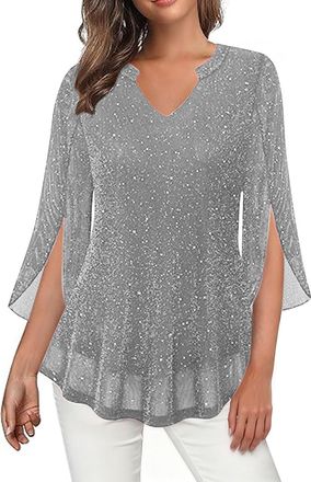 Generic Sparkly Tops for Women 3/4 Sleeve Blouses Casual V Neck Dress Shirts Mesh Tunic Tops Glitter Elegant Flowy Shirts Breathable Casual Pullover Holiday T