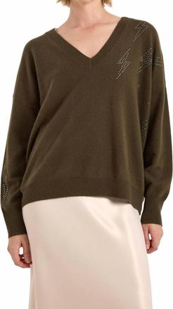Brodie Hazel Hot Fix Bolt V Neck Sweater In Khaki