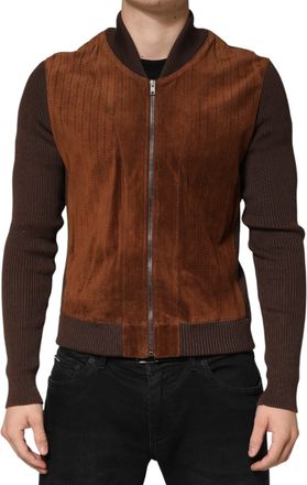 Dolce & Gabbana Brown Velvet Calfskin Full Zip Biker Mens Jacket