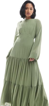 Tfnc Petite Vestito lungo da damigella in chiffon verde salvia con gonna a balze
