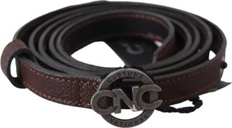 Costume National Brown Skinny Leather Round Logo Buckle Womens Belt