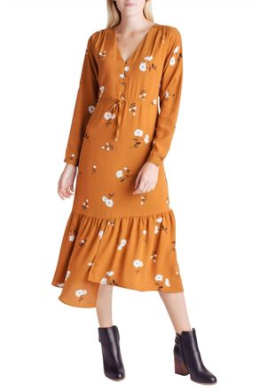 Kensie Floral Long Sleeve V-Neck Dress In Mid-Century Floral