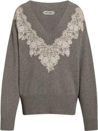 Alberta Ferretti Cashmere V-hals trui met kanten inzet - Dames - Cashmere truien - Grijs - M - Kasjmier - Truien & Vesten