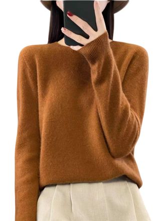 Generic Cashmere Sweater for Women Long Sleeve Crew Neck Soft Warm Pullover Lightweight Knit Top Solid Color Long Sleeve Casual (Caramel,L)