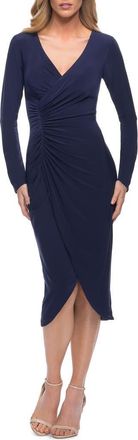 La Femme Long Sleeve Knee Length Dress with Wrap Style Skirt in Navy at Nordstrom, Size 12