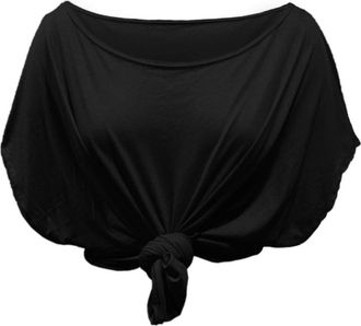 Janisramone Womens Ladies New Plain Tie Knot Front Batwing Short Sleeve Baggy Oversized Casual Crop T-Shirt Top Black