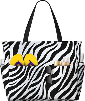 Generic Zebra Print Beach Bag for Women Animal Skin Waterproof Beach Tote with Zip Lightweight Overnight Shoulder Shopping Swimming Bag Summer Holiday Gifts