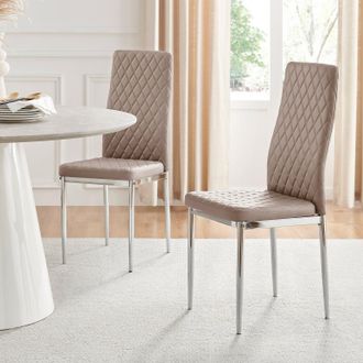 Furniturebox Set of 6 Milan High Back Soft Touch Diamond Pattern Faux Leather Dining Chairs With Silver Chrome Metal Legs in Beige