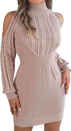 Generic Womens Turtleneck Sweater Dresses Off Shoulder Long Sleeves Knitted Mini Dress Bodycon Elasticity Trendy Pullover Pink