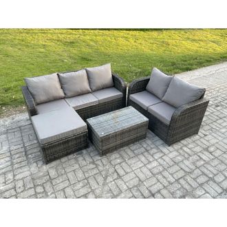 Fimous Fimous 6 Seater Rattan Wicker Garden Furniture Patio Conservatory Sofa Set with Rectangular Coffee Table 3 Seater Sofa Love Sofa Big Footstool Side