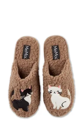 MeMoi More Kittens Meow Faux Shearling Memory Foam Slipper in Taupe at Nordstrom, Size Medium