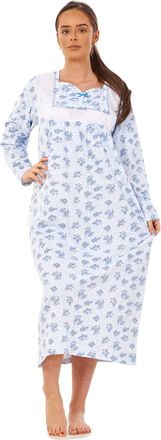 JD Williams Women Warm Nightwear Floral Print 100% Brushed Cotton Long Sleeve LongNightdress Blue