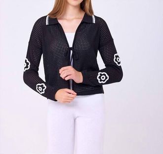 French Kyss Flower Collared Tie Cardigan In Black/white