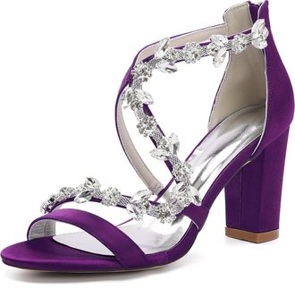 Generic Bridal Heeled Sandals Womens Chunky Block Open Toe Wedding Prom Party Evening Homecoming Dress Shoes 8.5Cm,Dark Purple,10 UK