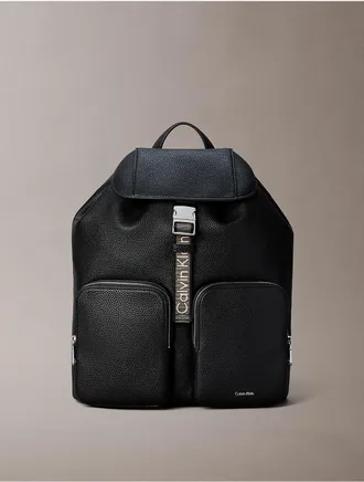 Calvin Klein Womens Logo Strap Flap Backpack - Black