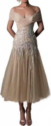 Tarik Ediz Lana Off The Shoulder Tea-Length Dress In Stone