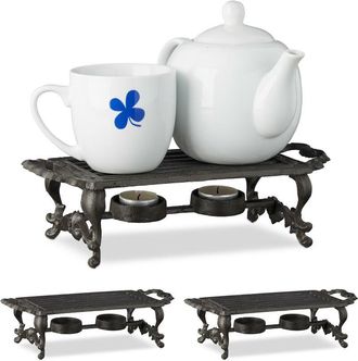 Relaxdays 3 Calentadores De Tazas, Duraderos, Dise&ntilde;o Envejecido, 2 Velas C/u, Hornillos De Hierro Fundido, 8,5x30x13,5cm, Marr&oacute;n