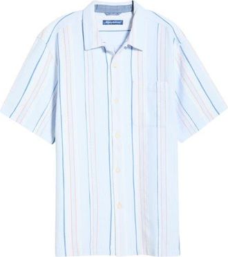 Tommy Bahama Milano Textured Stripe Cotton Camp Shirt in Dew Drop at Nordstrom, Size Xxx-Large
