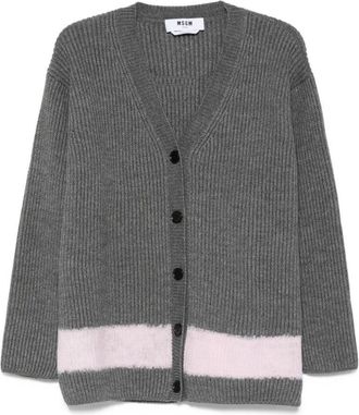 Msgm Ribbed Grey Sweater With Contrasting Hem Band