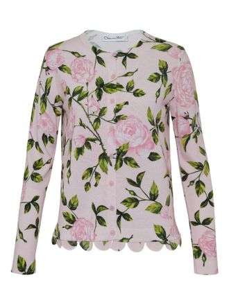 Oscar De La Renta rose-print scallop-hem cardigan - Pink