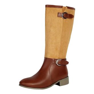 Generic Womens Retro Knee High Riding Boots Round Toe Med Square Heel Slip On With Belt Buckle Detail Equestrian Style