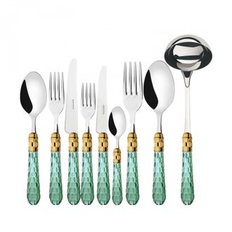 Bugatti Cristallo Ghiera Dorata, Posate Set 75 Pz, Scatola Weng&egrave; - Colore: Verde