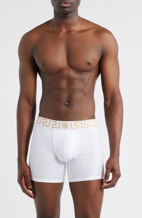 Versace Greek Key Jersey Boxer Briefs in White- Greek Gold at Nordstrom, Size 6