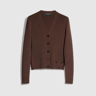 Gucci Fine Rib Knit Wool Cardigan With Horsebit, Brown