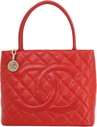 Chanel Red Color Grained Calfskin Handbag Tote Bag (Pre-Owned)