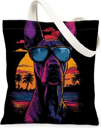 Generic Summer Doberman Dog Canvas Tote Bag for Shopping 13x15, Cool Beach Coastal Puppy Reusable Grocery Print Pattern Bag for Women, Retro Pet Beach Aesthet