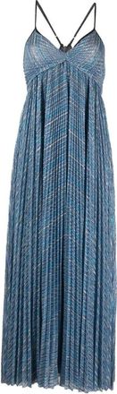 Forte_Forte Blauwe Maxi-jurk met Lurex Pliss&eacute; - Dames - Maxi kleedjes - Blauw - M - Polyester - Kleedjes
