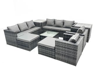 Fimous 10 Seater Patio Lounge Sofa Set with 2 Side Tables 2 Big Footstool in Dark Grey