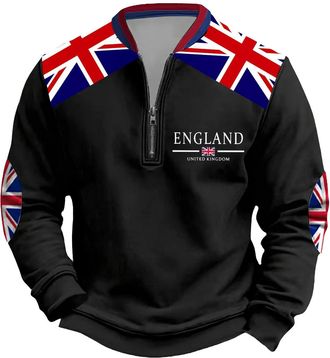 Generic Mens Union Jack Sweatshirt 1/4 Zip Long Sleeve Jumpers Bunting Flags Print Great Britain Pullover Winter Warm Tops Plus Size (B12-Black, 5XL)
