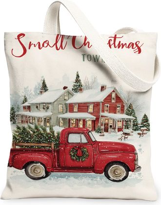 Generic Christmas Truck Canvas Tote Bags, Rustic Winter Scene Lightweight Washable Grocery Bags, Holiday Vintage Decorative Shoulde, White, 13x15 Inch