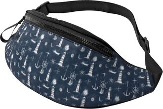 Generic Navy Blue Lighthouses Print Waist Bag Bum Bag Unisex Bumbags For Hiking Outdoors Marathon 14X35Cm