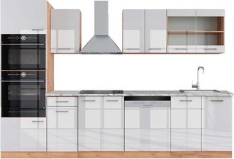 Vicco Mueble De Cocina R-line, Blanco Brillo Intenso/roble Dorado, 300 Cm Con Armario Alto, Et M&aacute;rmol