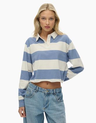 Superdry Womens Superdry Womens Athletic Essentials Long Sleeve Polo Shirt - Tidal Blue Ecru Stripe - Size: 12