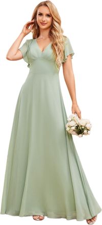 Ever-pretty Women Dress Maxi Backless V Neckline Dress with Ruffles Sleeve and High Waist Elegant Chiffon Formal Long Dress Mint Green 14UK
