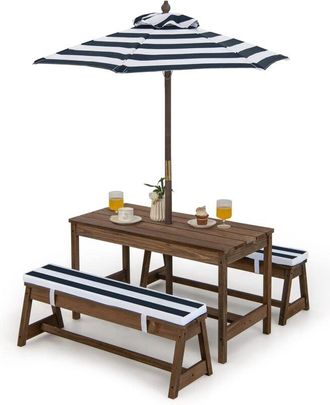 Costway Costway - Tavolo da Picnic per Bambini con Parasole Pieghevole, Set di Tavolo e Panca in Legno con Cuscini, per Giardino, Cortile, Patio (Marrone)