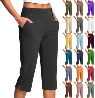 Generic Capri Pants for Women Ladies Cropped Pants High Waist Stretch Bottoms Yoga 3/4 Dress Pant with Pockets Summer Elegant Crop Trouser Office Business Wor